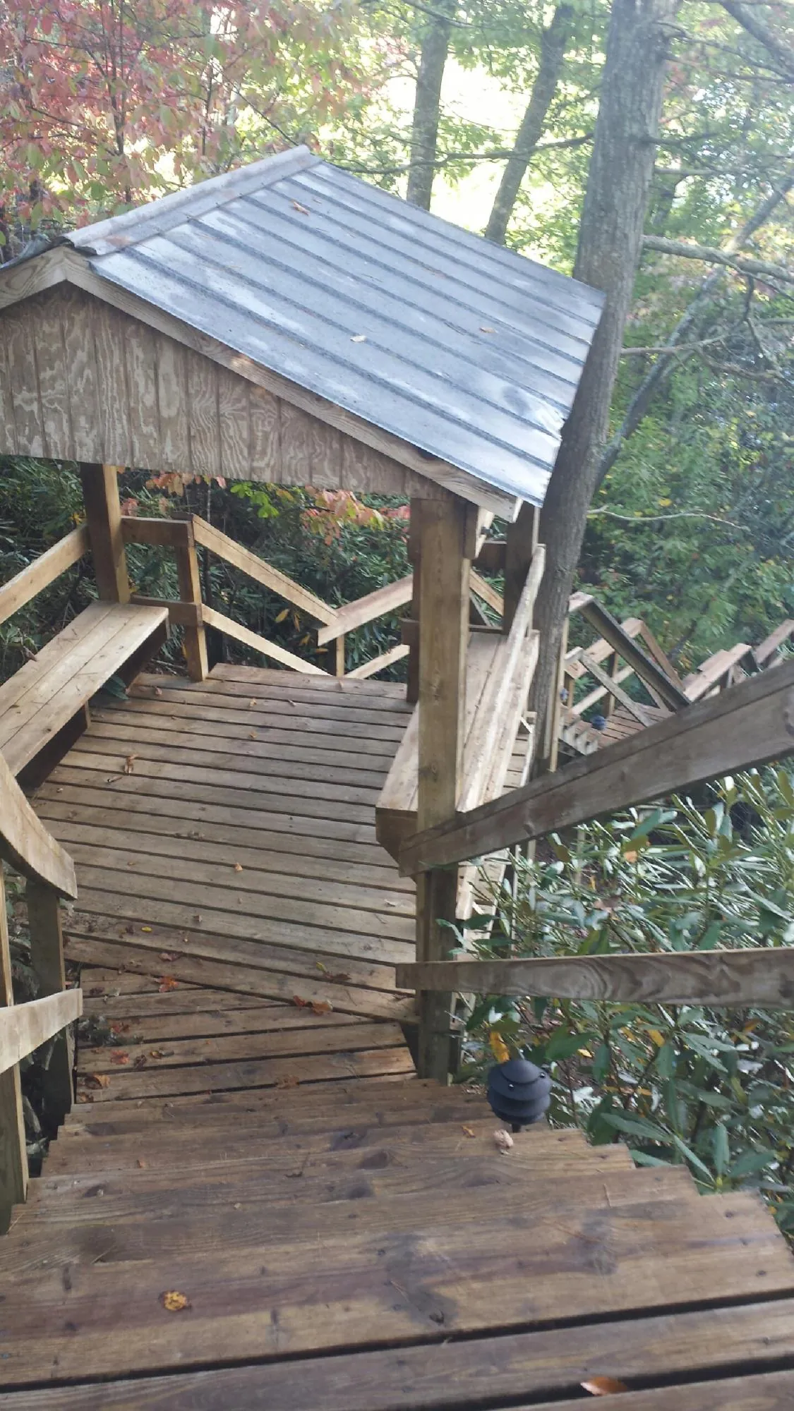 Metal roofed shelter over wooden steps on a wooded walkway — Skylight Repair & Installation work by our crew in Duff